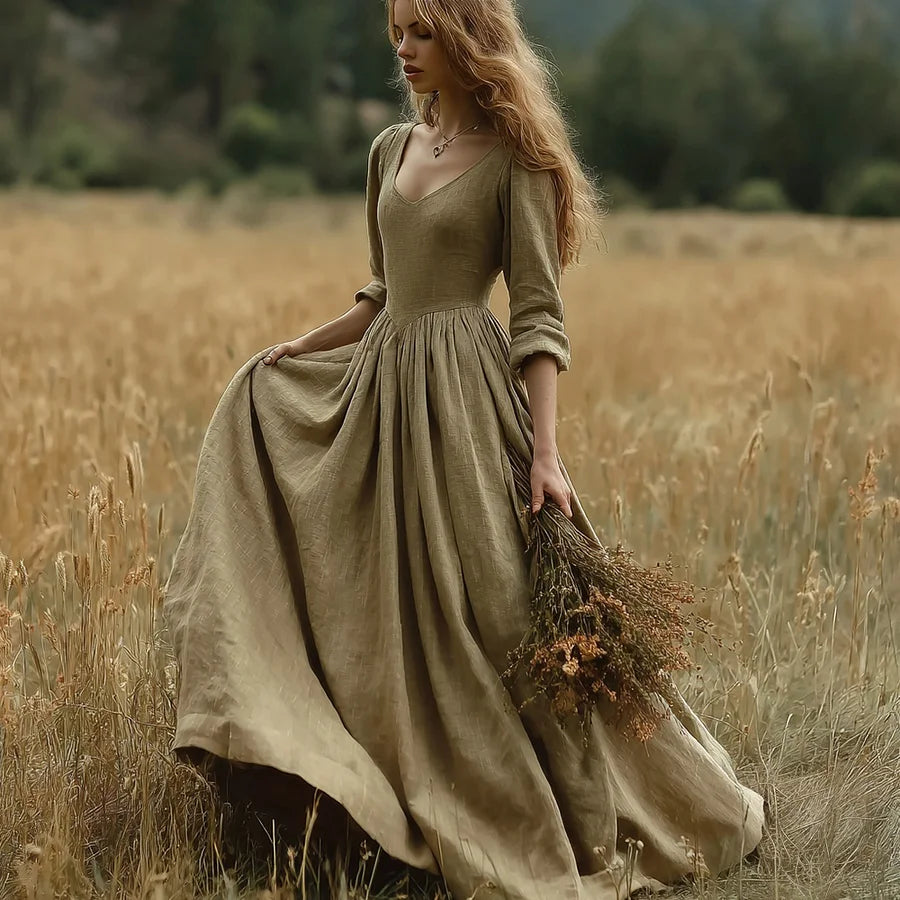 Cardydony Vintage Elegant V Neck Flowy Linen Maxi Dress