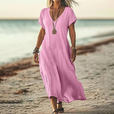 Cardydony Women's Solid Color V-neck Linen Blend Short Sleeve Dress