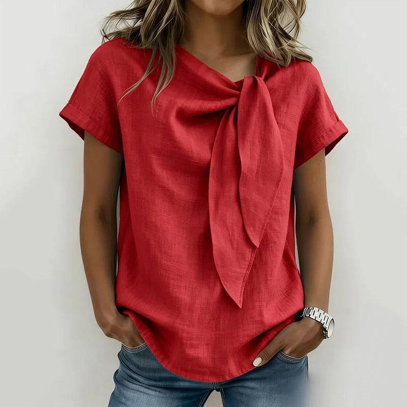 Cardydony Casual Short Sleeves Lace Up Linen T-shirt