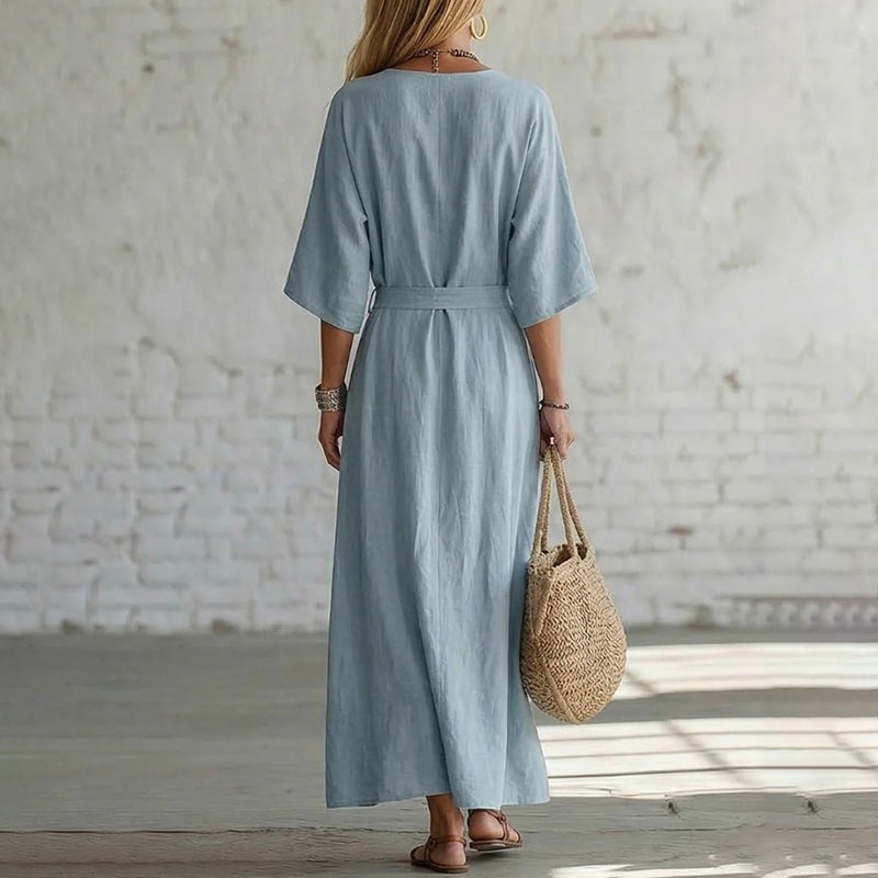 Cardydony Women's Elegant V-neck Tie Design Linen-cotton Maxi Dress
