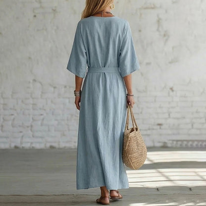 Cardydony Women's Elegant V-neck Tie Design Linen-cotton Maxi Dress