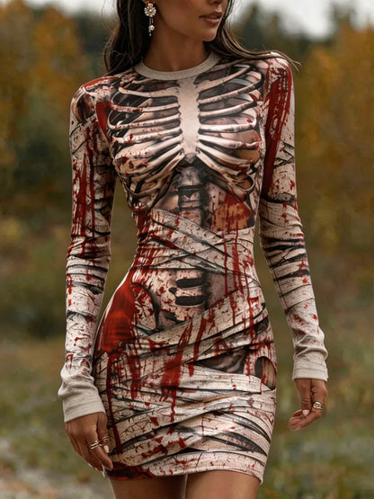 Cardydony Women's Halloween Skull Mummy Long-sleeved Bloodstained Print V-neck Gothic Horror Party Dress