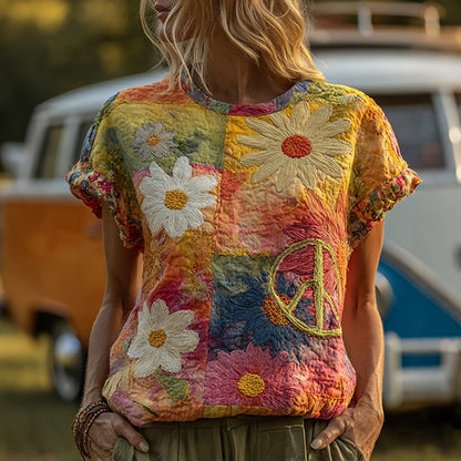 Cardydony Women's Hippie Watercolor Daisy Art Patchwork Print Crew Neck Cotton T-shirt