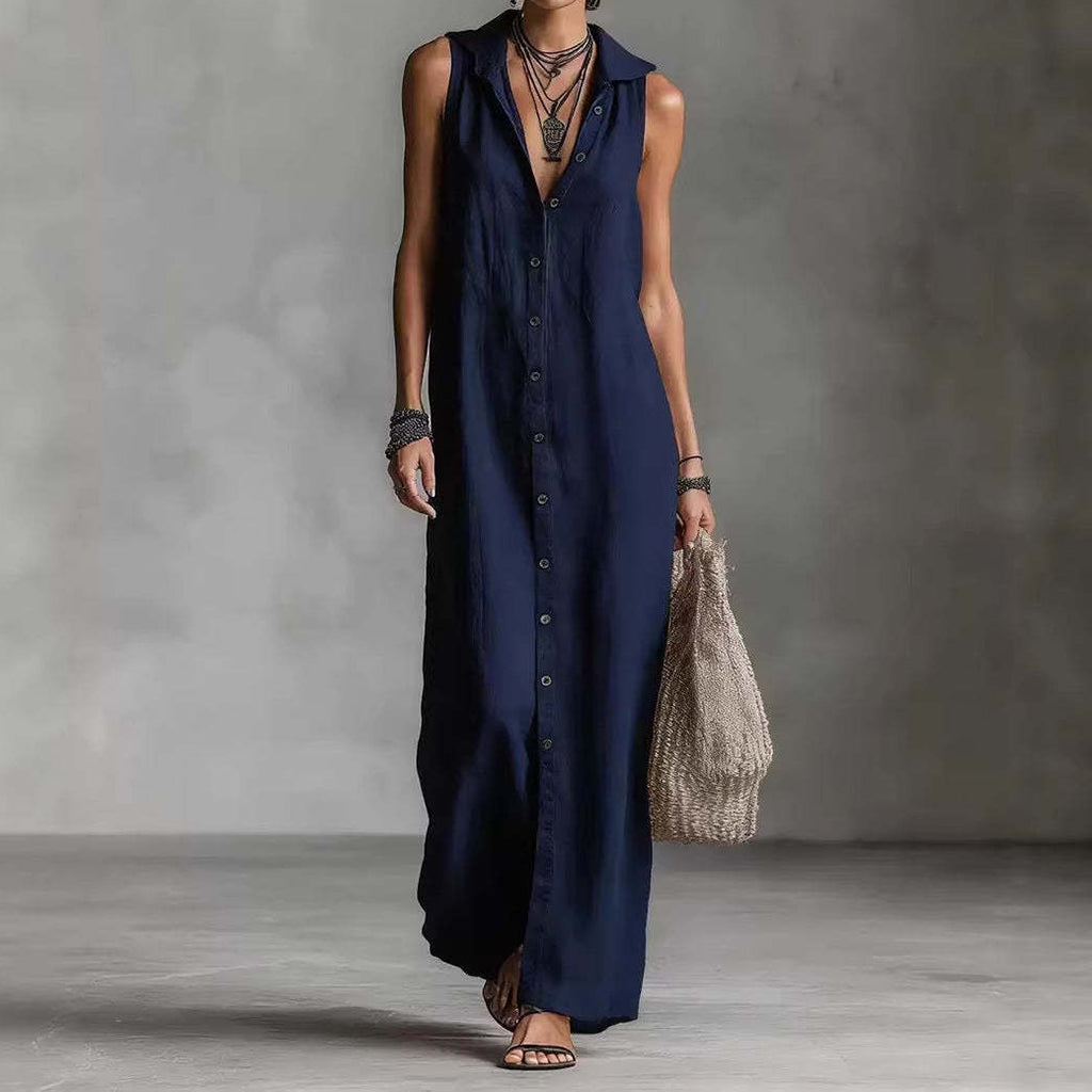 Cardydony Women's Solid Color Button Linen Blend Comfy Maxi Dress