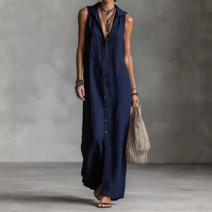 Cardydony Women's Solid Color Button Linen Blend Comfy Maxi Dress