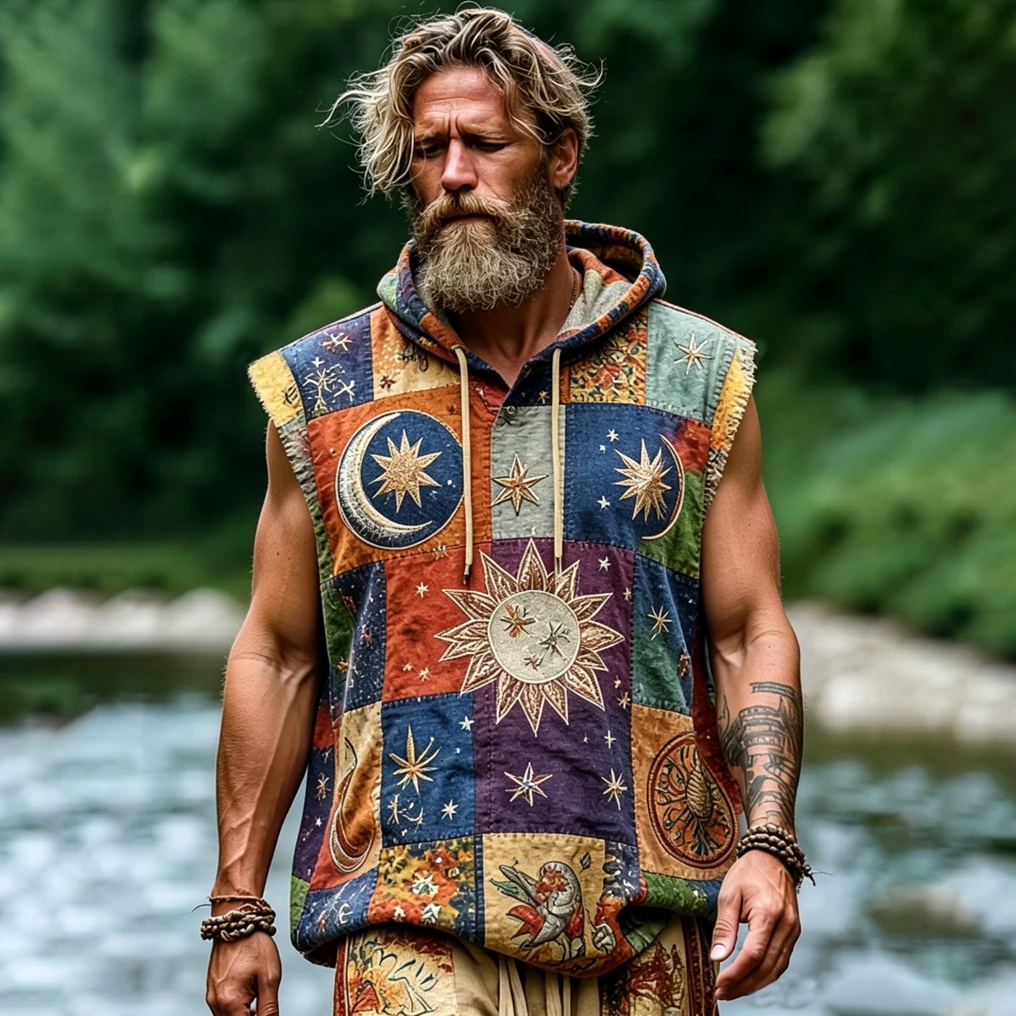 Cardydony Men's Retro Hippie Patchwork Sun Peace Print Cotton Linen Hooded Tank Top
