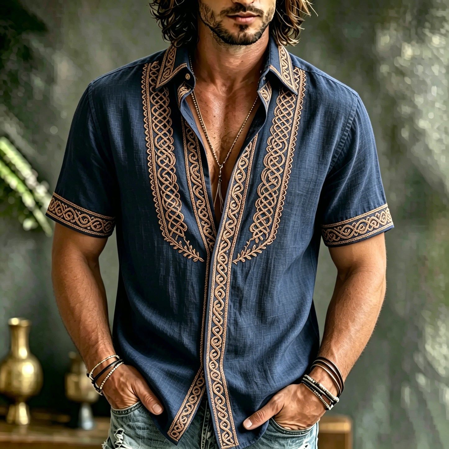 Cardydony Men's Vintage Spring Summer Viking Tribal Jacquard Celtic Knot Inspired Art Flowy Linen Blend Shirt