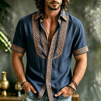 Cardydony Men's Vintage Spring Summer Viking Tribal Jacquard Celtic Knot Inspired Art Flowy Linen Blend Shirt