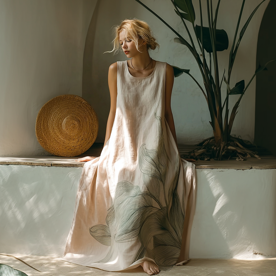 Cardydony Plant Pattern Design Casual Linen Dress