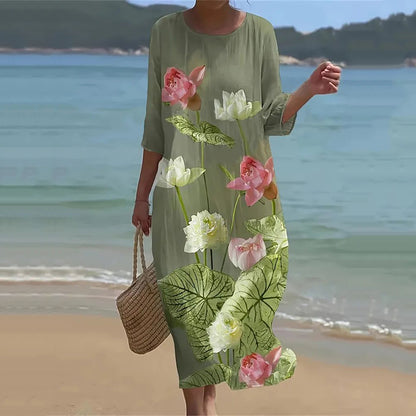 Cardydony Women's Lotus Art Pattern Linen Blend Loose Three-quarter Sleeve Dress