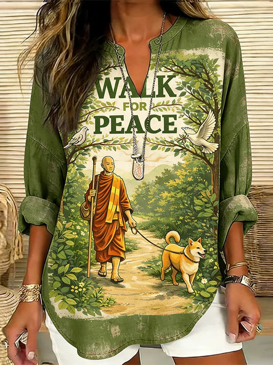 Cardydony Walk For Peace Slogan Pattern Design Casual Color-blocked Long-sleeve Top