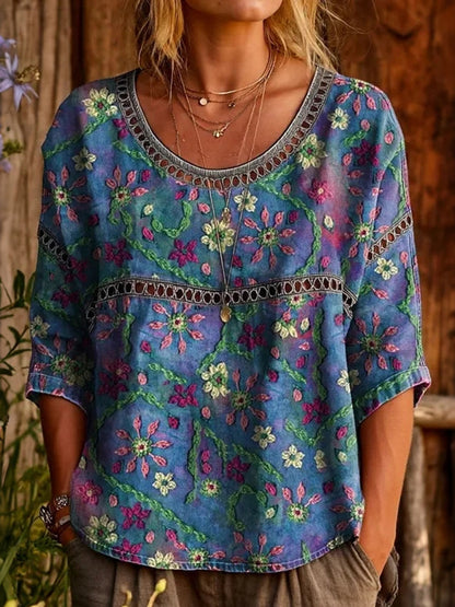 Cardydony Women's Floral Art Print Linen Blend Casual T-shirt