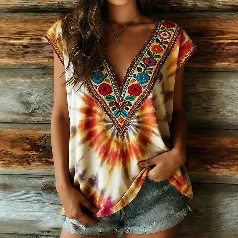 Cardydony Women's Retro Ethnic Tie-dye Floral Pattern V-neck Vest