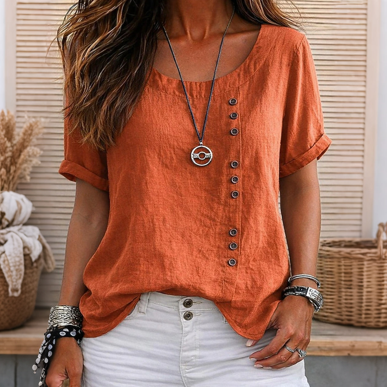 Cardydony Women's Solid Color Round Neck Button Design T-shirt