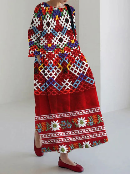 Cardydony Greenland National Costume Inspired Pattern Linen Maxi Dress