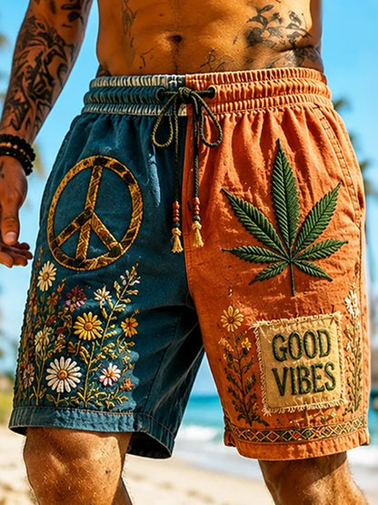 Cardydony Men's Hippie Retro Patchwork Vacation Cotton Linen Shorts