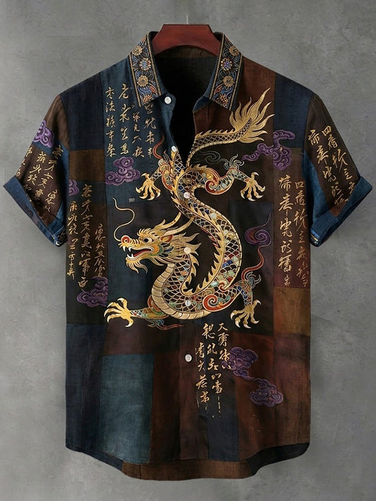 Cardydony Men's Vintage Japanese Calligraphy Dragon Art Pattern Linen Blend Shirt