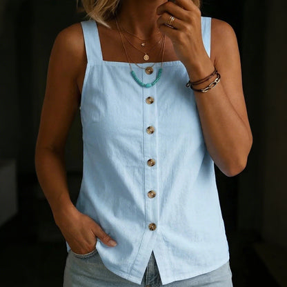 Cardydony Women's Vintage Simple Buttons Cotton Linen Sleeveless Top