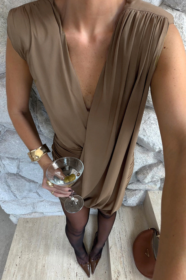 Cardydony Women's Solid Color Casual Sleeveless V-neck Elegant Pleated Mini Dress