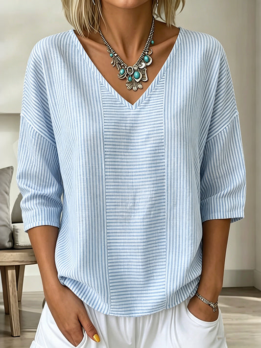 Cardydony Women's Vintage Stripe Pattern Linen Blend Three-quarter Sleeve V Neck Linen Tops
