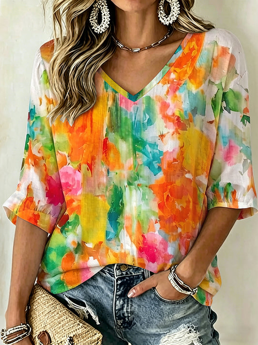 Cardydony Women's Vintage Watercolor Floral Print Flowy Linen Blend Three-quarter Sleeve V Neck Linen Tops
