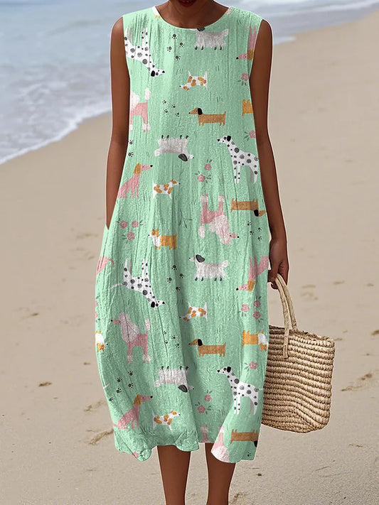 Cardydony Women's Cute Dog Print Linen Blend Tank Midi Dress