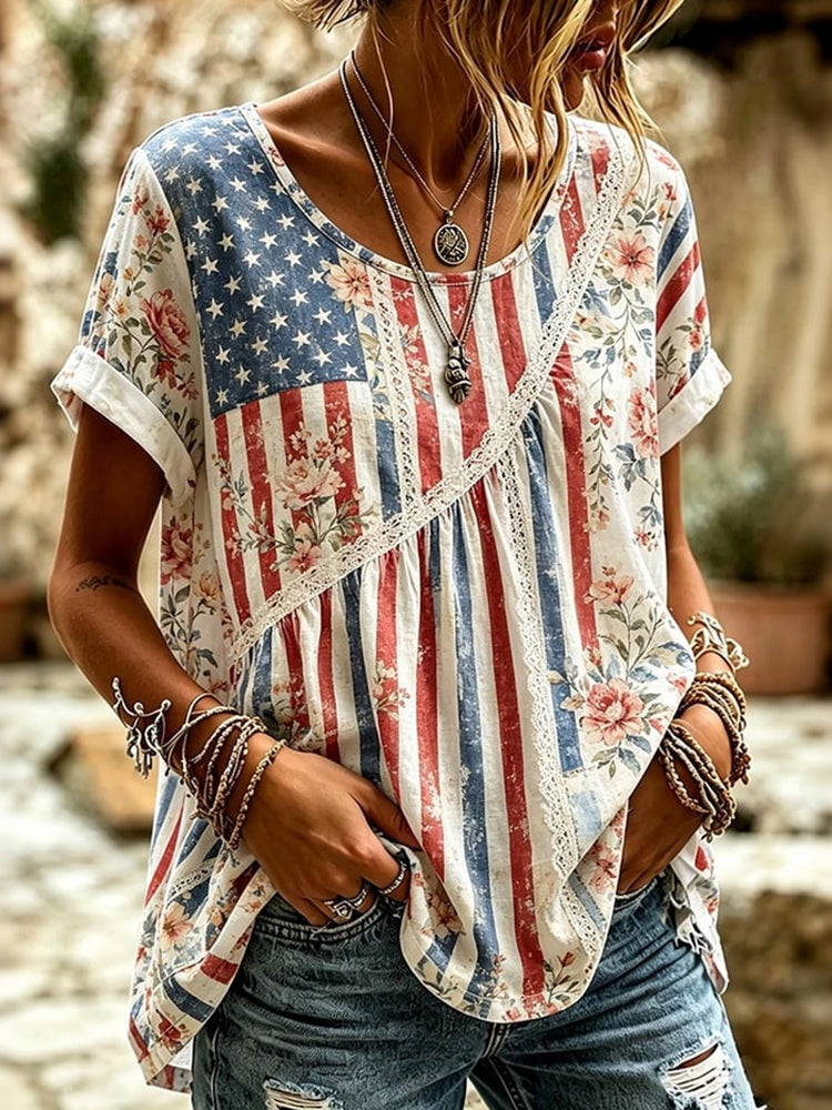 Cardydony Women's Independence Day Flag And Floral Art Cotton Linen Short Sleeve Top