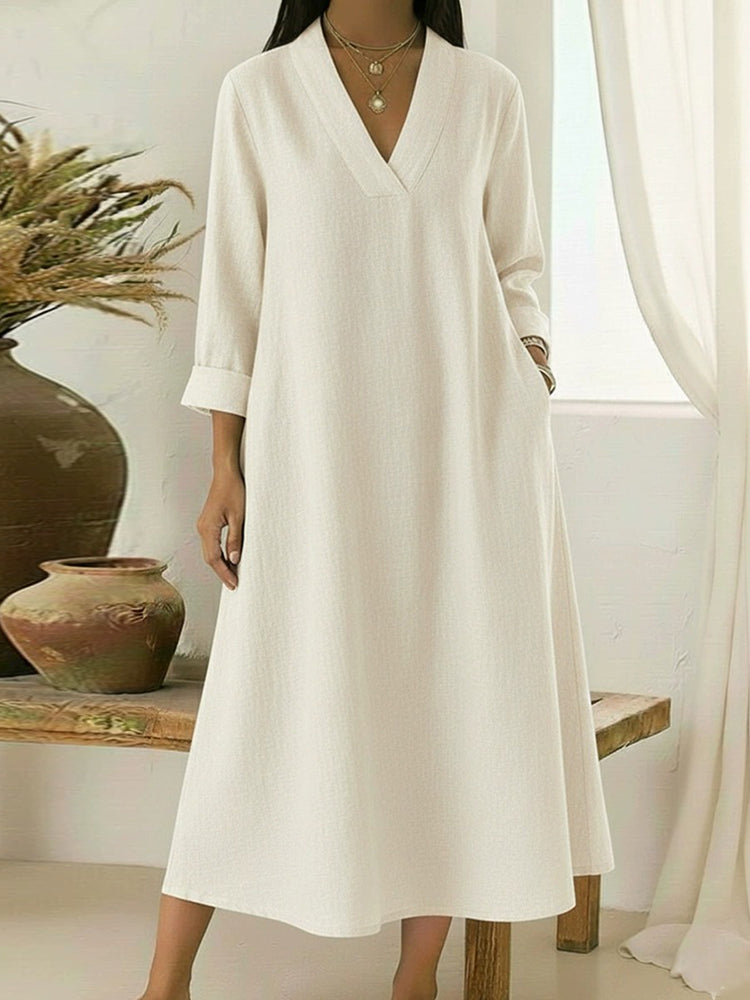 Cardydony Women's Elegant V-neck Linen-cotton Maxi Dress