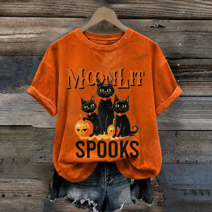 Cardydony Women's Halloween Three Cats Under Moonlight Print Casual Crewneck Short Sleeve T-shirt