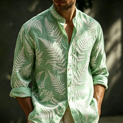 Cardydony Men's Herbal Art Embroidered Mint Green Linen Blend Long Sleeve Shirt