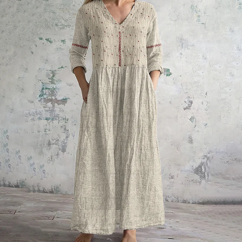Cardydony Vintage Floral Embroidered Art Women's Linen Dress