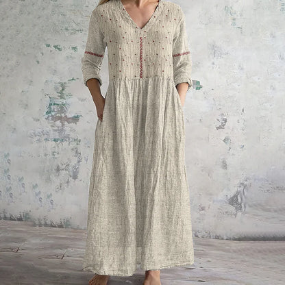 Cardydony Vintage Floral Embroidered Art Women's Linen Dress