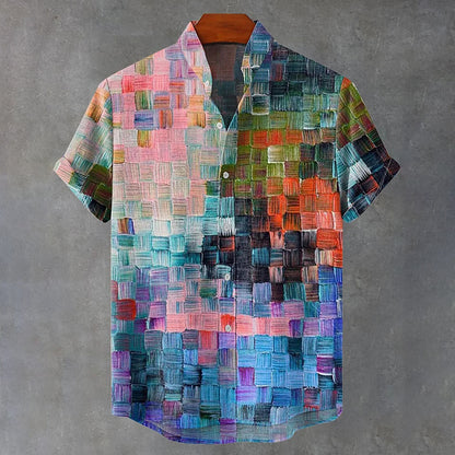 Cardydony Oil Painting Style Lattice Vintage Art Print Casual Cotton Linen Shirt