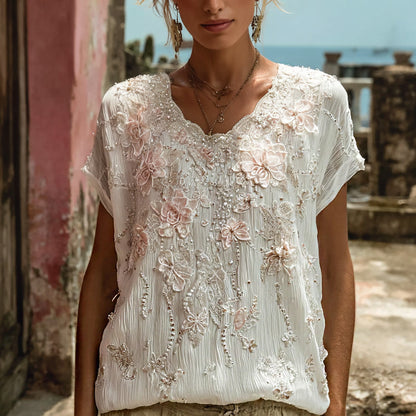 Cardydony Women's Bohemian Style Floral Rose Print Simple And Comfortable Short-sleeve Top