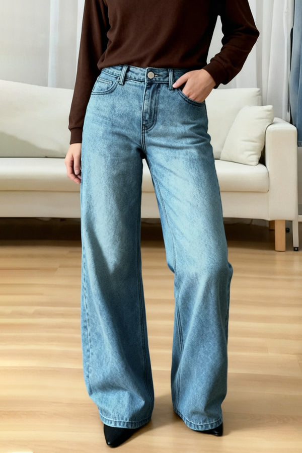 Cardydony Women's  Stylish Casual Loose Pockets Straight-leg Wide-leg Jeans