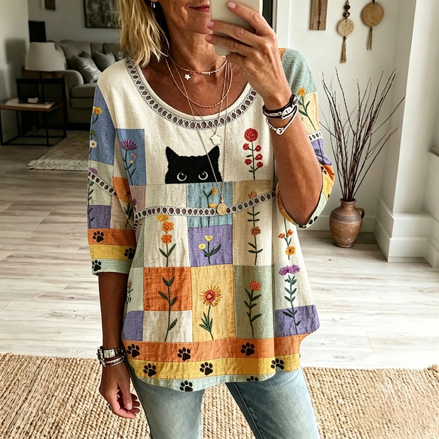 Cardydony Women's Vintage Hippie Cute Black Cat Art Print Flowy Linen Blend Linen Blend Three-quarter Sleeve Casual Tops