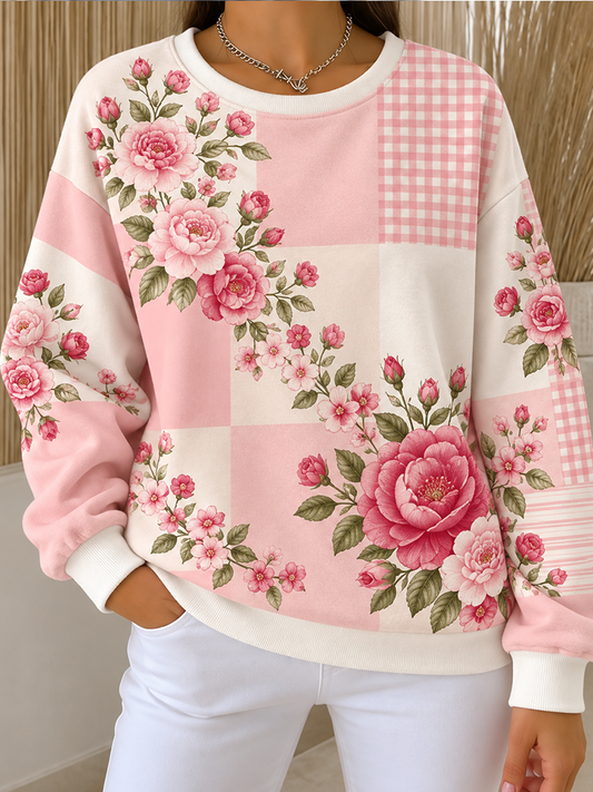 Cardydony Women's Pink Peony Floral And Plaid Patchwork Sweatshirt