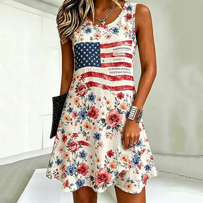 Cardydony Women's Independence Day Flag Floral Print Crew Neck Midi Tank Dress