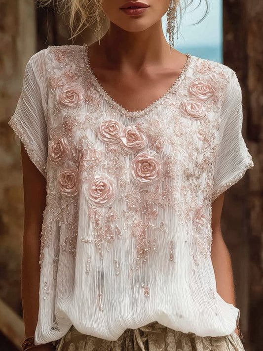 Cardydony Women's Bohemian Style Floral Rose Simple And Comfortable Short-sleeve Top