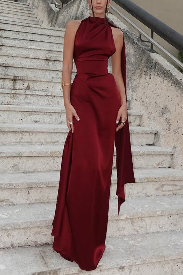 Cardydony Women's Solid Color Satin Elegant Sleeveless Waist Maxi Dress