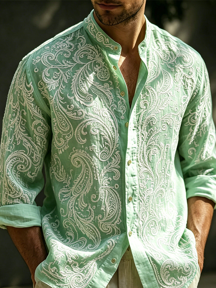Cardydony Vintage Paisley Art Embroidered Mint Linen Blend Long Sleeve Shirt