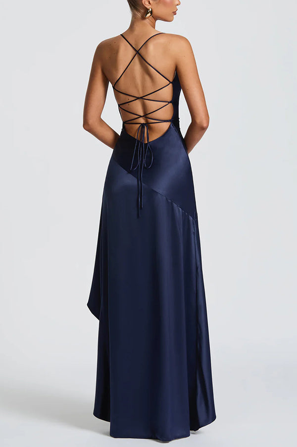Cardydony Women's Solid Color Sexy Backless Lace-up Irregular Ruffled Maxi Dress