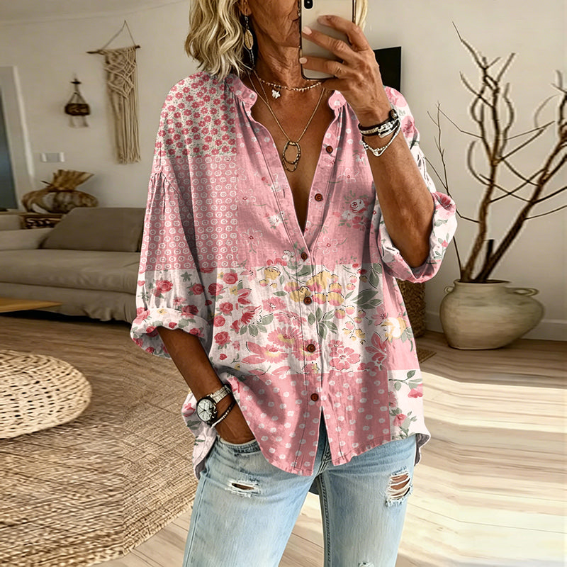 Cardydony Women's Vintage Floral Patchwork Long-sleeve Button-up Shirt