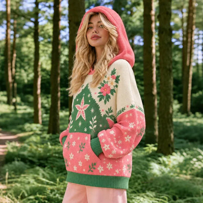 Cardydony Women's Cute Floral Snowflake Pattern Oversized Hooded Knit Sweater With Kangaroo Pocket
