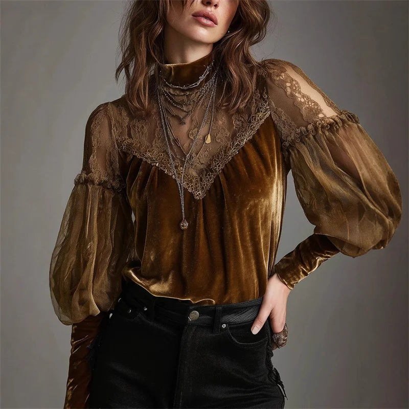 Cardydony Mesh Splicing Black Lace Hollow Lace Top