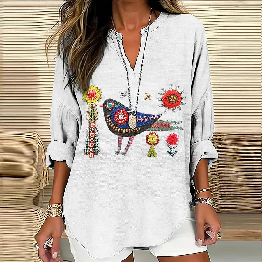 Cardydony Women's Floral And Bird Embroidery Art Pattern Cotton And Linen V-neck Shirt