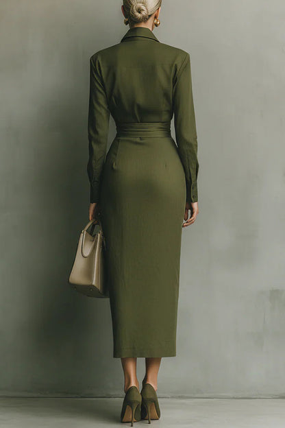 Cardydony Women's Solid Color Lapel Long Sleeve Pocket Slim-fit Asymmetrical Midi Dress