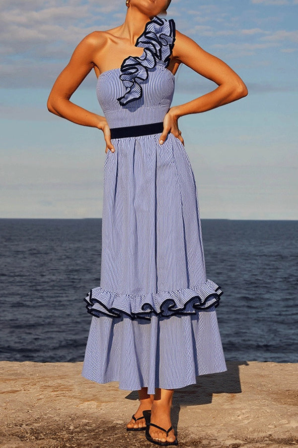 Cardydony Women's Striped Print Elegant Ruffle Trim Vacation Maxi Skirt
