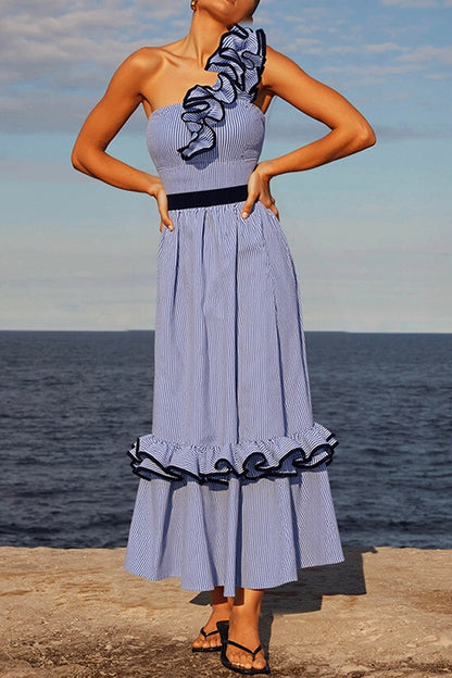 Cardydony Women's Striped Print Elegant Ruffle Trim Vacation Maxi Skirt