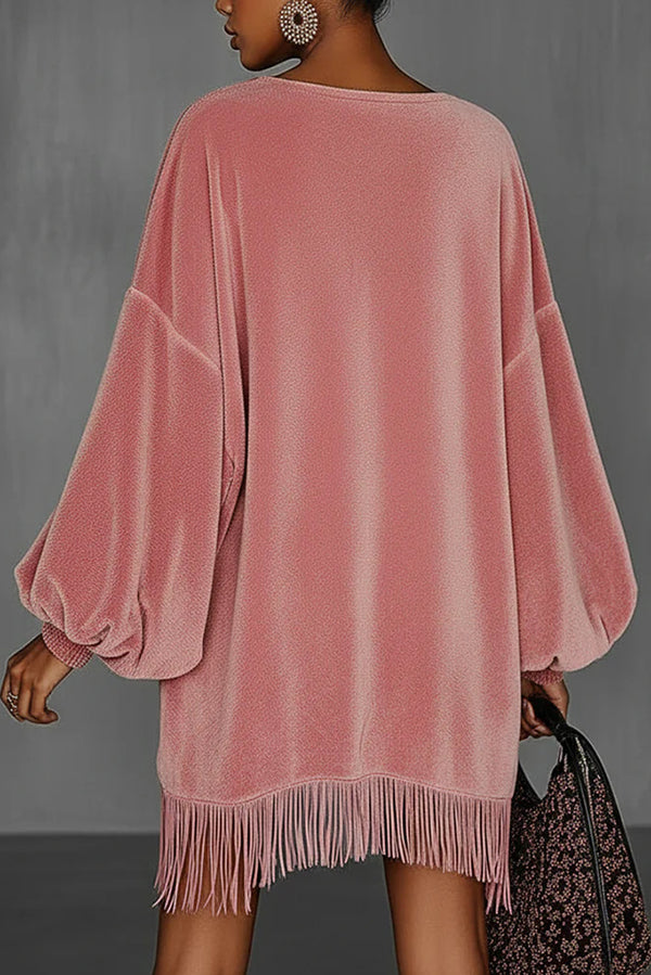 Cardydony Women's Solid Color Loose Long-sleeved Casual Tassel Hem Mini Dress